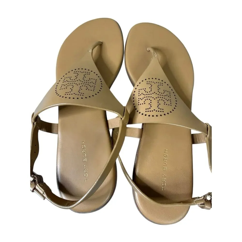 NEW Tory Burch Capri Perf Leather Thong Sandals Brown Leather US 8